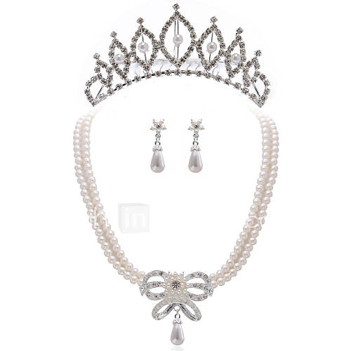Imitation Pearls Wedding Bridal Jewelry Set,Including Necklace,Earrings And Tiara