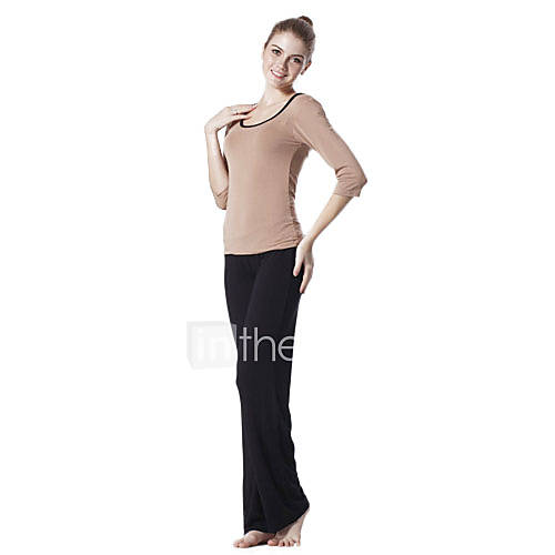 Environmental Protection Cotton Long Sleeve Simple Sports Yoga Suit (Coffee TopsBlack Pants)