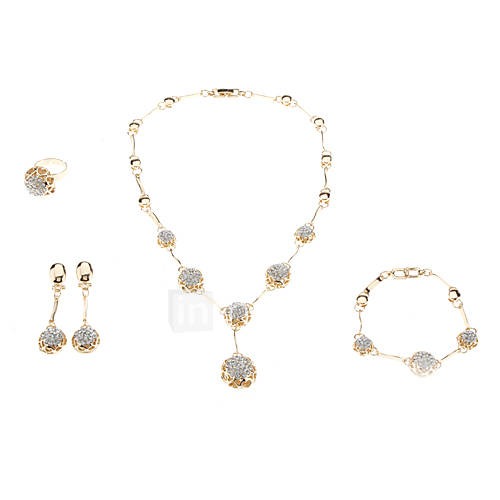 Gold Plated Ball White Diamond Necklace Earring Ring and Bracelet Jewelry Set