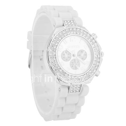 Womens Silicone Quartz Movement Glass Round Shape with Rhinestone Dress Watch(More Color)