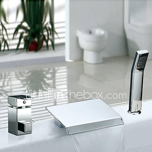 Two Handles Contemporary Chrome Finish Widespread Waterfall Tub Faucet With Handshower