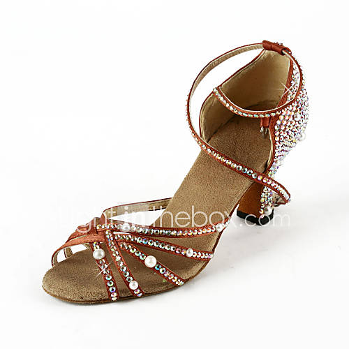 Womens Satin / Rhinestone Upper Ankle Strap Latin / Salsa Dance Shoes With Pearl