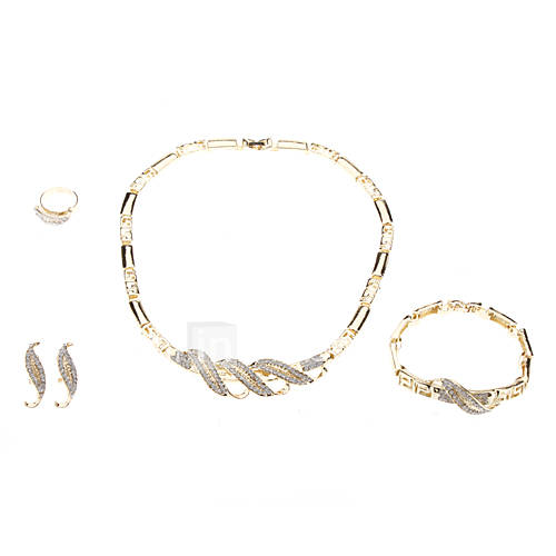 Gold Plated Salix Leaf White Diamond Necklace Earring Ring and Bracelet Jewelry Set
