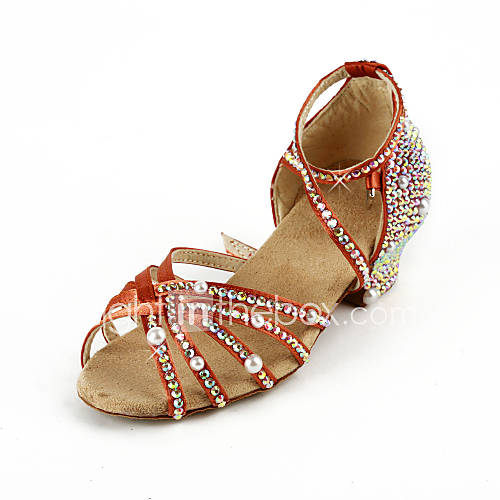 Womens Rhinestone / Satin Upper Ankle Strap Salsa / Latin Dance Shoes With Pearl
