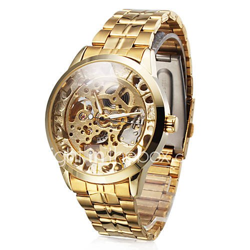 Mens Auto Mechanical Skeleton Gold Dial Steel Band Wrist Watch