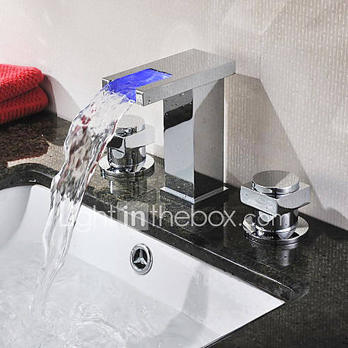Chrome Finish Two Handles Color Changing LED Waterfall Widespread Bathroom Sink Faucet