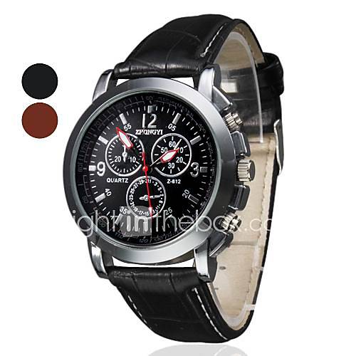 Mens Round Dial PU Band Analog Quartz Wrist Watch (Assorted Colors)