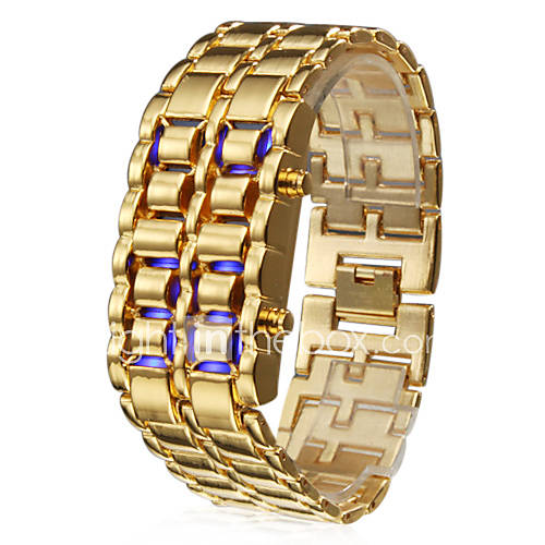 Unisex Blue LED Digital Lava Style Gold Steel Band Wrist Watch