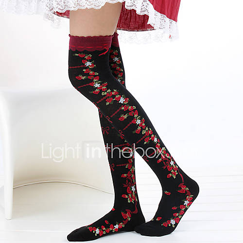 Black Strawberry and Bow Pattern 40cm Sweet Lolita Stockings