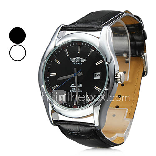 Mens Calendar Style PU Analog Mechanical Wrist Watch (Black)