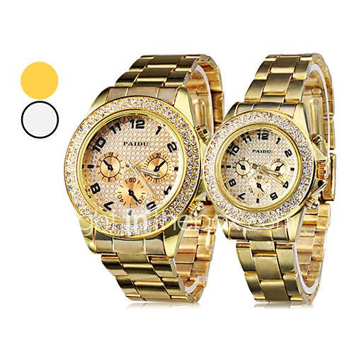 Couples Diamond Case Gold Steel Band Quartz Wrist Watch (Assorted Colors)