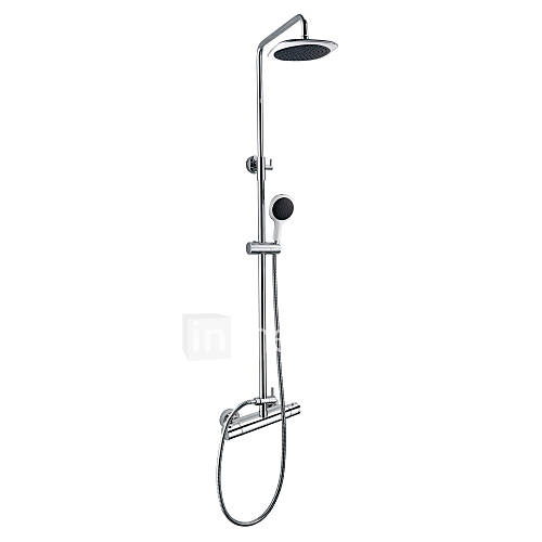 Thermostatic Chrome Finish Contemporary Wall Mount Brass Shower Faucet with 8 Inch Shower Head and Hand Shower