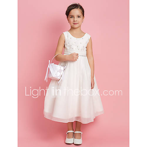 A line Princess Jewel Tea length Chiffon Flower Girl Dress