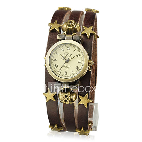 Womens Leather with Stars Quartz Movement Round Glass Wrist Watches More Colors