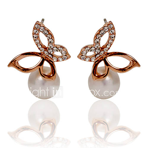 Classic Alloy Butterfly Design Pearl Stud Earrings with Crystal