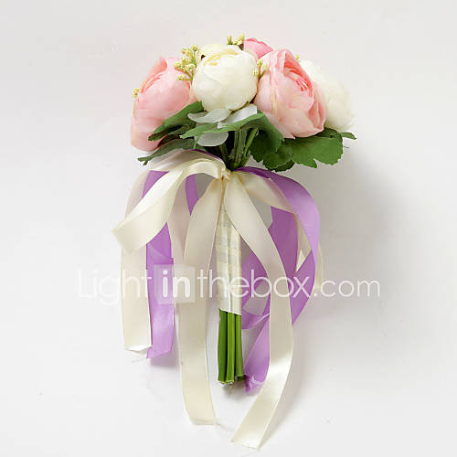 Pretty Round Shape Satin Rose With Ribbon Wedding Bridal Bouquet