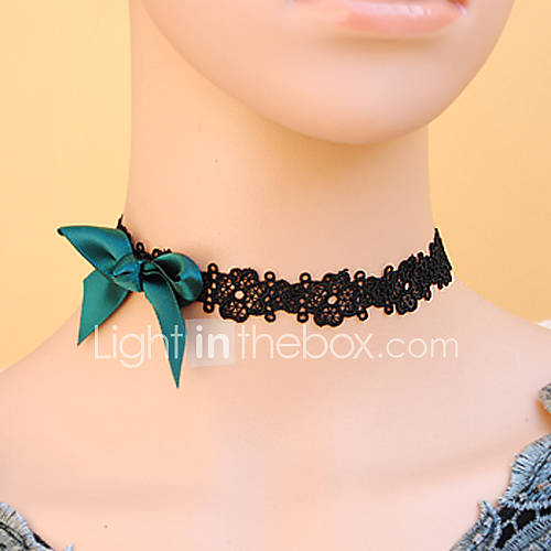 Womens Gothic Black Slim Lace Lake Blue Bow Necklace