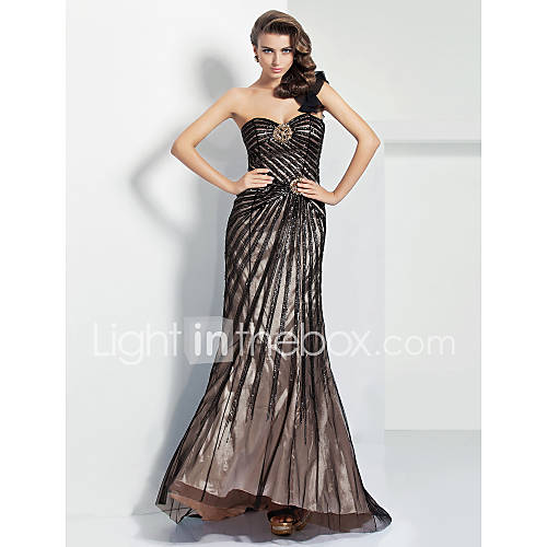 Sheath/Column One Shoulder Sweetheart Floor length Satin And Tulle Evening Dress