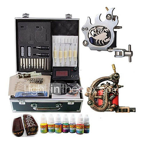 1 Steel and 1 Carved Tattoo Gun Kit with LCD Power and 70ML Colors