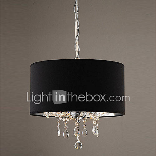 60W Modern Crystal Beaded Pendant Light with 3 Lights and Black Drum Shade