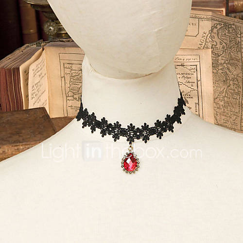 BLace Lace Necklace Choker with Red Teardrop Pendant