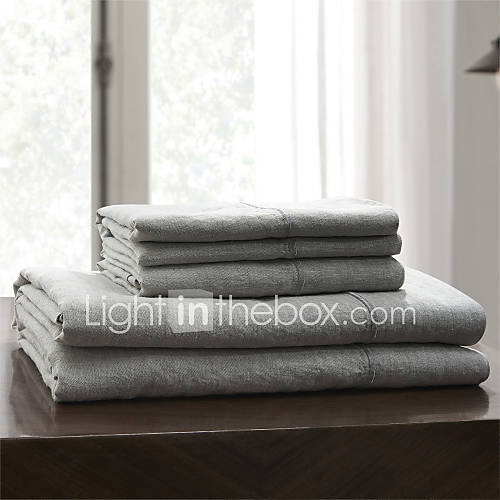 Grey Solid Embroidery 100% Linen Fitted Sheet, Pocket Depth 15