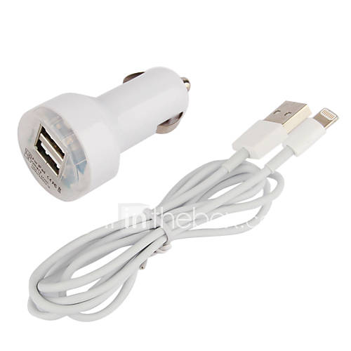 LED Indicator Dual USB Port Car Charger with 100cm Lightning Cable for iPad Mini,iPhone 5,iPad 4 (DC12 24V,2.1A)