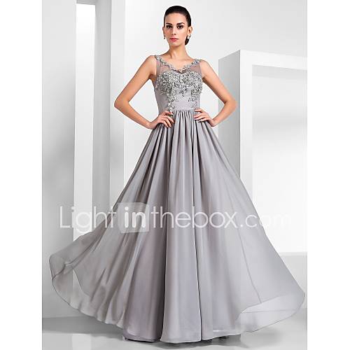 A line V neck Floor length Chiffon And Tulle Evening Dress
