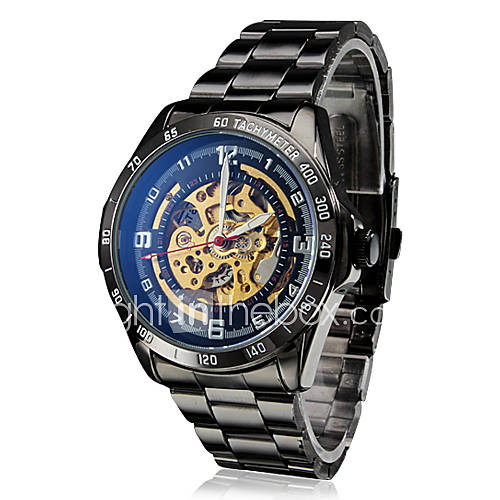 Mens Auto Mechanical Hollow Gold Dial Black Steel Band Analog Wrist Watch