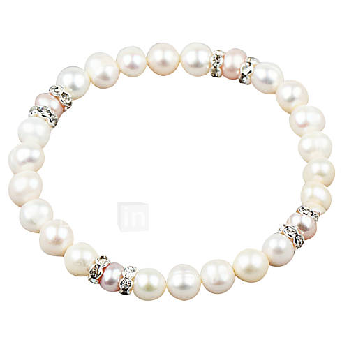 Elegant White Fresh Water Pearl And Crystal Elastic Bracele