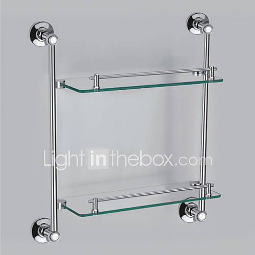 Contemporary Style Chrome Finish Brass Wall Mounted Glass Shelf (2 Layers,Rectangle Shape)