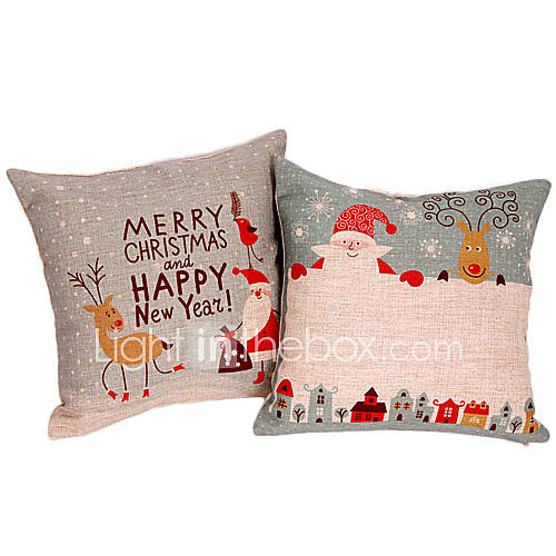 Set of 2 Cartoon Christmas Cotton/Linen Decorative Pillow Cover