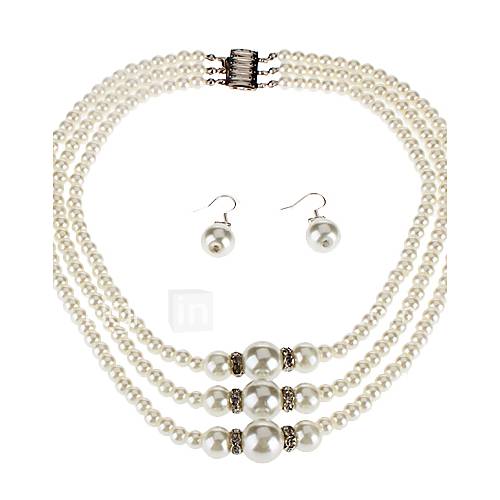3 Layer Pearl Necklace Earrings Bracelet Set