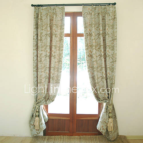 (One Pair) Traditional Cotton Green Floral Lined Curtain