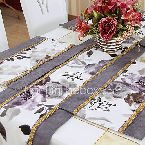 Set of 4 Ink Floral Pattern Poly / Cotton Placemats