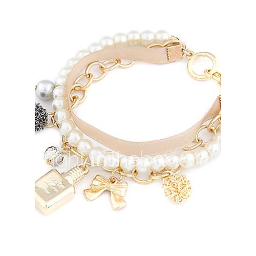 Gold Plated Alloy Pearl Lace Bowknot Pendant Bracelet