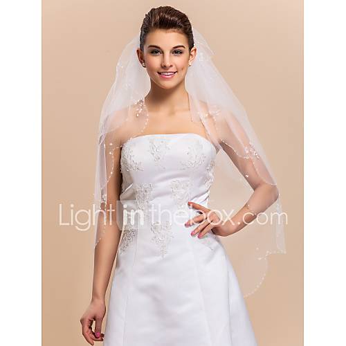 Two tier Tulle Fingertip Length Wedding Veil With Beaded / Scalloped Edge