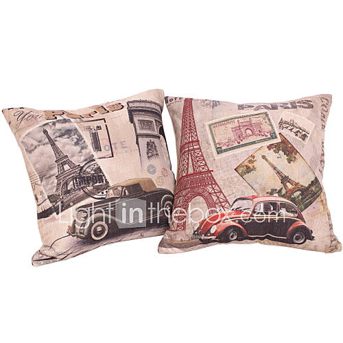 Set of 2 Paris Style Cotton/Linen Decorative Pillow Cover