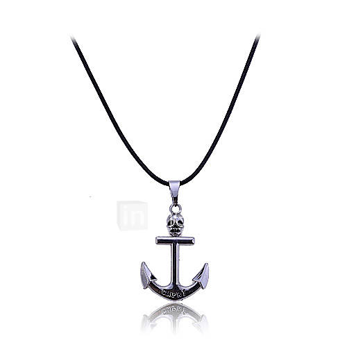 Titanium Steel Anchor Skull Pendant Leather Rope Necklace