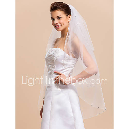 Three tier Tulle Fingertip Wedding Length Veil With Beaded Edge