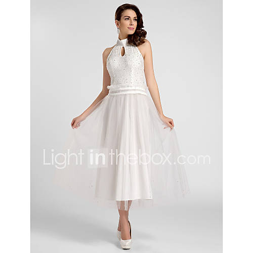 A line High neck Tea length Satin And Tulle Evening/Prom Dress