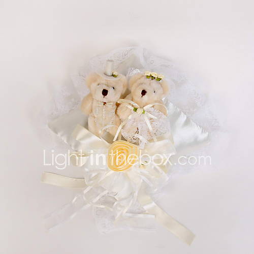 Wedding Ring Pillow In Ivory Satin With Lovely Bear And Laces