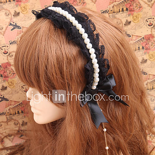 Handmade Pearls Black Lace Gothic Princess Lolita Headband With Beads Chain