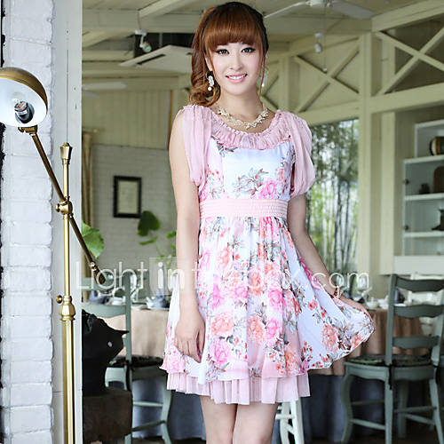 Womens Floral Print Ruffle Pleated Dress