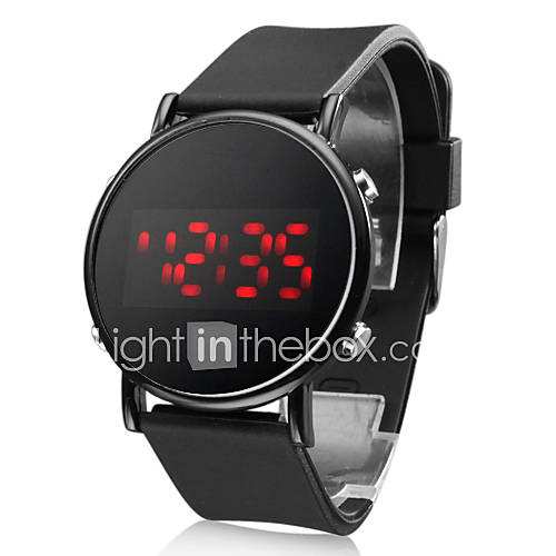 Unisex Round Mirror Face Red LED Digital Black Silicone Band Wrist Watch