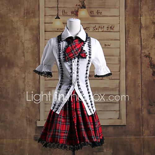 Puff Sleeve Blouse and Short Red Check Pattern Skirt School Lolita Outfit