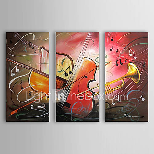 Hand Painted Oil Painting Still Life Variety of Musical Instruments Set of 3 with Stretched Frame 1307 SL0367