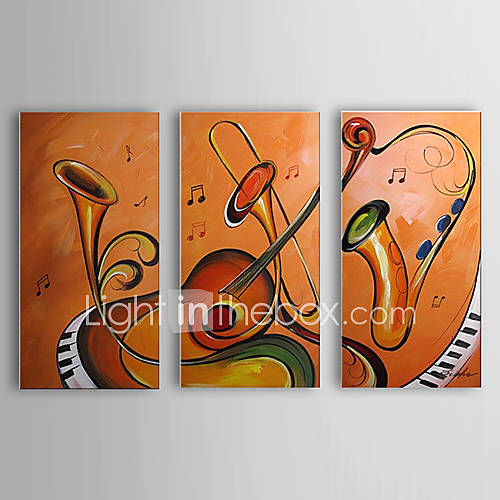 Hand Painted Oil Painting Still Life Variety of Musical Instruments Set of 3 with Stretched Frame 1307 SL0366