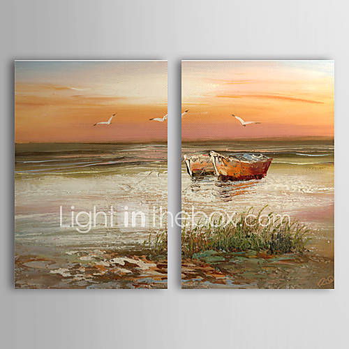 Hand Painted Oil Painting Landscape Sea and Boats with Stretched Frame Set of 2 1307 LS0385