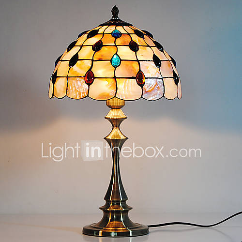 40W Retro Warm Table Lamp With Natural Shell Shade And Vertical Pole Patterned With Roses